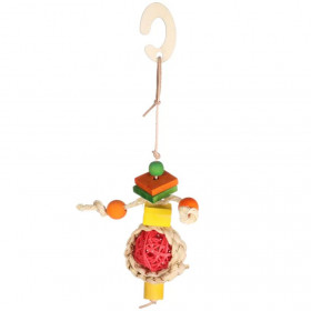Висяща играчка за малки животни  Flamingo TOY FARUK WITH BALL WITH ROPE MIX 20CM изработена от царевични листа и дърво